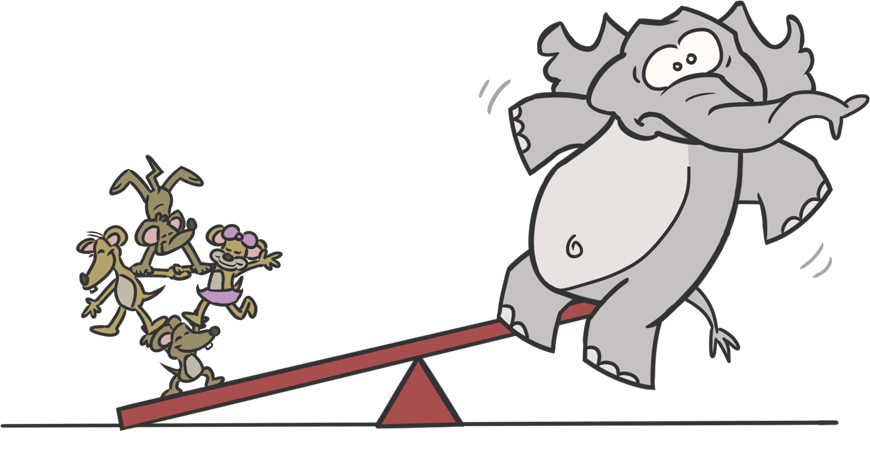 Cartoon of mice and an elephant on a seesaw, with mice weighing more.