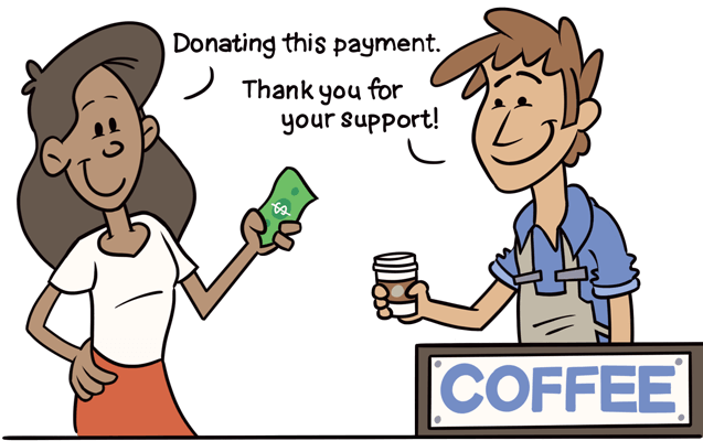 The guest donates a payment and receives a coffee.