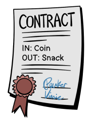 A signed contract, indicating that a coin is accepted and a snack is returned