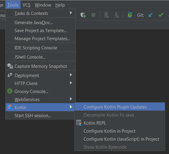 Configure Kotlin Plugin Updates menu item