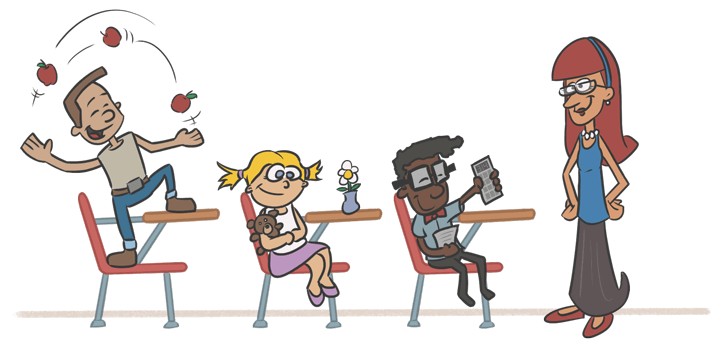 Cartoon of a class of kids who are seated in a line, and are (mostly) inline.