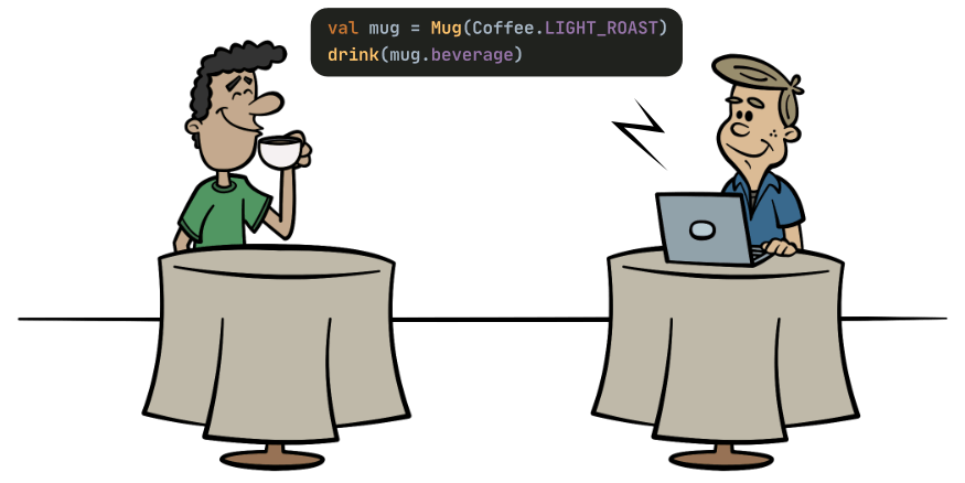 Customer sipping on his coffee while Eric writes Kotlin code.