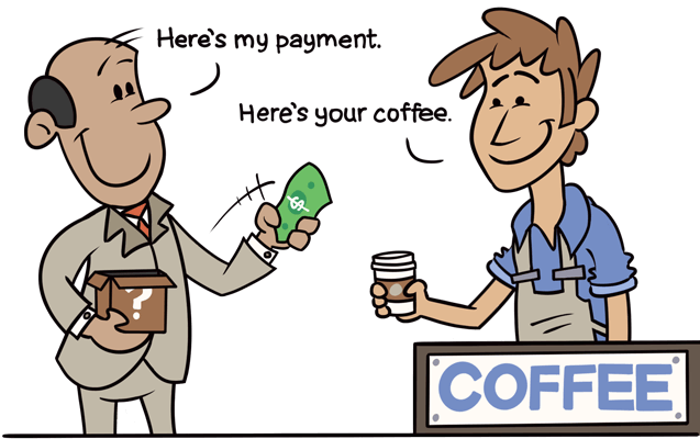 The guest takes payment out of the mystery box, and hands it to James, who gives him a coffee in return.