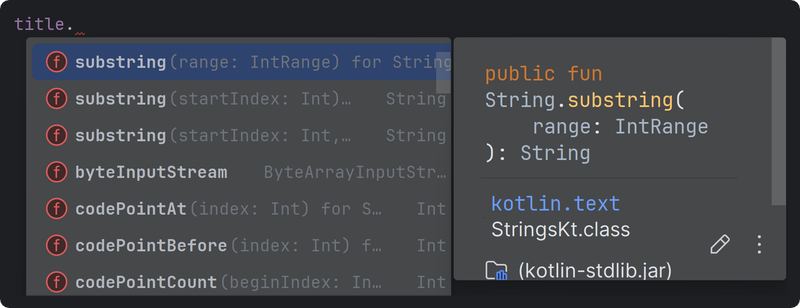 Screenshot of IntelliJ showing the functions that can be called on a String object.