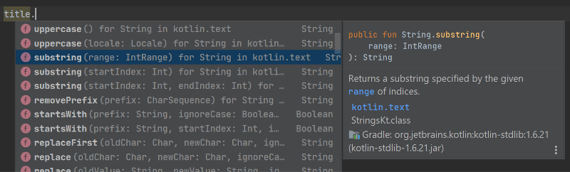 Screenshot of IntelliJ showing the functions that can be called on a String object.